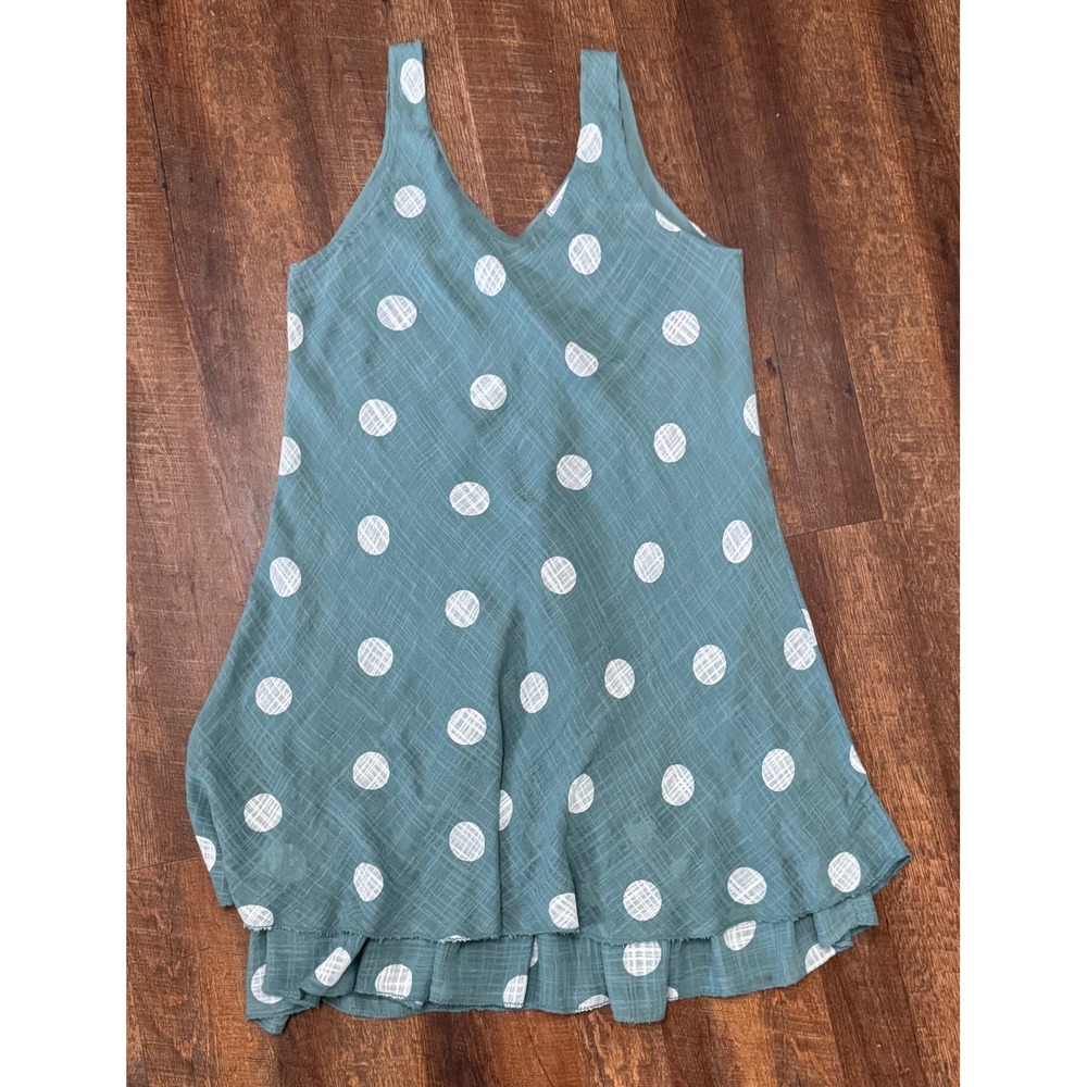 Made in Italy L/XL Cotton Polka Dot Lagenlook Layered Ruffle Dress Teal